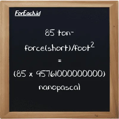 How to convert ton-force(short)/foot<sup>2</sup> to nanopascal: 85 ton-force(short)/foot<sup>2</sup> (tf/ft<sup>2</sup>) is equivalent to 85 times 95761000000000 nanopascal (nPa)